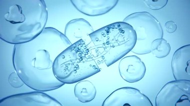 Sağlık ve güzellik kavramı. Mavi kapsüller ve DNA, yavaşça mavi arkaplan üzerinde dönüyor. İlaçlar, haplar, haplar, ilaç konsepti. 3D canlandırma 4k