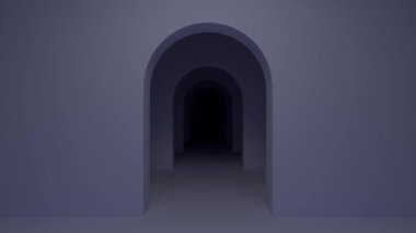 Bir duvar yayı tünelinin dijital görüntüsü. Parlayan kavisler basit bir kavis koridorunu aydınlatıyor. Sahne karanlık, yansıtıcı ve canlı. 3d hazırlayıcı