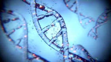 Animasyon parçacıklarından bilim ve sağlık DNA molekülü. Cam ve parlatıcı. Eğitim, bilim ya da kozmetik endüstrisinde kullanılabilir. 3B Render Canlandırmasını Kapat
