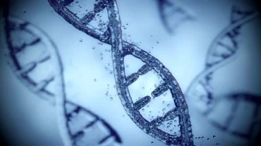 Animasyon parçacıklarından bilim ve sağlık DNA molekülü. Cam ve parlatıcı. Eğitim, bilim ya da kozmetik endüstrisinde kullanılabilir. 3B Render Canlandırmasını Kapat
