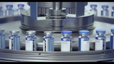 Tıbbi damlalar, insülin ya da ampul üretimi için bir fabrika. Şişeleri salin veya aşı ile paketlemek için sıra. 3d canlandırma döngüsü oluşturuldu