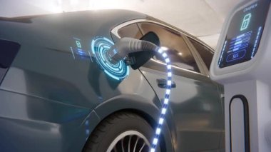 Ekoloji konsepti şarj arabası. Batarya şarjı otomotiv ve hologram seviye göstergeleri. Şarjı bitti ve şarjı bitti. Arabayı kapat ve sistem göstergesini fütüristik HUD elementleriyle şarj et. 3d hazırlayıcı