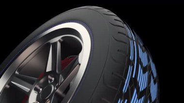 Lastik dönüyor ve yüksek çözünürlüklü kablo emisyon ızgarası görünüyor. Reklamcılık, sosyal ağlar, mağazalar, projeler için teknolojik video. 3 Boyutlu Hazırlama