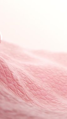 Vitamin baloncuklarının 3 boyutlu animasyonu cildini emer, nemlendirir ve yaşlanmayı önleyen güzelliği destekler. Arka planda morötesi güneş ışığı olan pembe sağlıklı bir cilt..