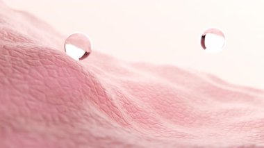 Vitamin baloncuklarının 3 boyutlu animasyonu cildini emer, nemlendirir ve yaşlanmayı önleyen güzelliği destekler. Arka planda morötesi güneş ışığı olan pembe sağlıklı bir cilt..