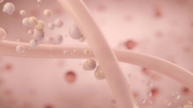 Yüzen su ve yağ kabarcıklarıyla çevrili DNA sarmalının 3 boyutlu tıbbi animasyonu, rejeneratif tıbbı ve hücresel terapiyi sembolize ediyor, 4K.