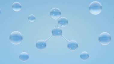 Molekül yapısı ve su damlası. Düşen damlacıkla 3 boyutlu H2O görüntüleme. Kimya, su, saflık, temiz su, eğitim, tıbbi ve teknolojik kavramlar için soyut bilimsel animasyon.