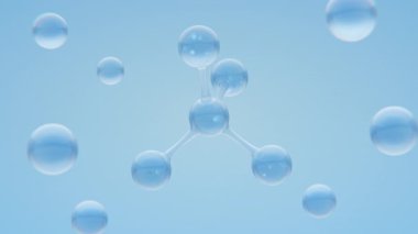 Molekül yapısı ve su damlası. Düşen damlacıkla 3 boyutlu H2O görüntüleme. Kimya, su, saflık, temiz su, eğitim, tıbbi ve teknolojik kavramlar için soyut bilimsel animasyon.