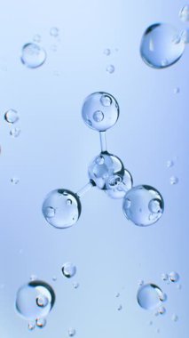 Işık arka planında izole edilmiş vitamin elementleri olan mavi moleküler kolajen deri serumu. Cilt kozmetik konsepti, güzellik çözümü, reklamcılık ve medya kullanımı için gerçekçi 3D sunum.