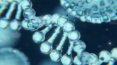 Biyolojik DNA arka planına sahip bir sinir hücresinin nörobilim, genetik, nöral iletişim, tıbbi araştırma ve biyoteknoloji kavramlarını gösteren üç boyutlu hareket grafiği..