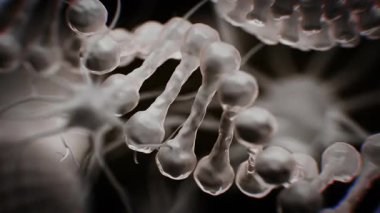 Biyolojik DNA arka planına sahip bir sinir hücresinin nörobilim, genetik, nöral iletişim, tıbbi araştırma ve biyoteknoloji kavramlarını gösteren üç boyutlu hareket grafiği..