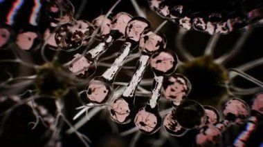 Biyolojik DNA arka planına sahip bir sinir hücresinin nörobilim, genetik, nöral iletişim, tıbbi araştırma ve biyoteknoloji kavramlarını gösteren üç boyutlu hareket grafiği..
