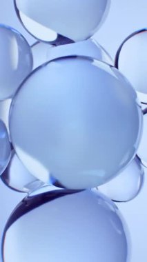 Suda yüzen soyut mavi yağ kabarcıkları. Kolajen, vitamin ve atomlarla akışkan hareketler. Güzellik ve cilt nemlendirici krem, cilt serumu, kozmetik ürünleri, 3 boyutlu canlandırma için konsept.