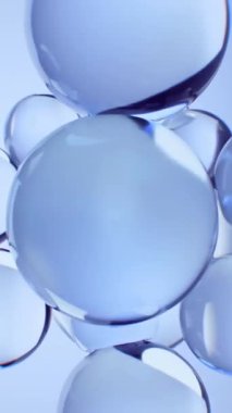 Suda yüzen soyut mavi yağ kabarcıkları. Kolajen, vitamin ve atomlarla akışkan hareketler. Güzellik ve cilt nemlendirici krem, cilt serumu, kozmetik ürünleri, 3 boyutlu canlandırma için konsept.