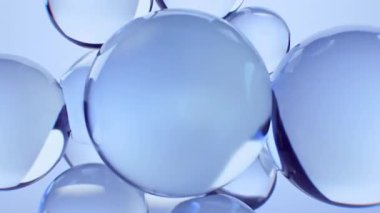 Suda yüzen soyut mavi yağ kabarcıkları. Kolajen, vitamin ve atomlarla akışkan hareketler. Güzellik ve cilt nemlendirici krem, cilt serumu, kozmetik ürünleri, 3 boyutlu canlandırma için konsept.
