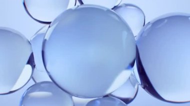 Suda yüzen soyut mavi yağ kabarcıkları. Kolajen, vitamin ve atomlarla akışkan hareketler. Güzellik ve cilt nemlendirici krem, cilt serumu, kozmetik ürünleri, 3 boyutlu canlandırma için konsept.