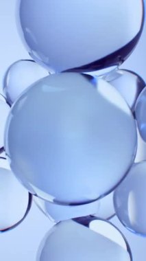 Suda yüzen soyut mavi yağ kabarcıkları. Kolajen, vitamin ve atomlarla akışkan hareketler. Güzellik ve cilt nemlendirici krem, cilt serumu, kozmetik ürünleri, 3 boyutlu canlandırma için konsept.