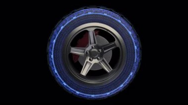 Otomotiv teknolojisi, mühendislik, araç tasarımı, yenilik, mekanik ve gelecekteki ulaşım kavramlarını temsil eden, siyah zemin üzerinde dönen üç boyutlu kablo lastiği..