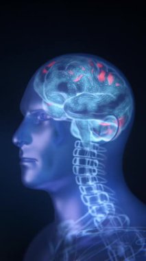 Beyin nöron ağında dolaşan elektriksel sinyalleri canlandıran 3 boyutlu animasyon. Nöroloji, sinirsel iletişim, beyin aktivitesi, yapay zeka ve tıbbi araştırma kavramı.