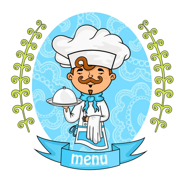 Diseño de menú. chef con una bandeja en sus manos. vector . — Vector de stock