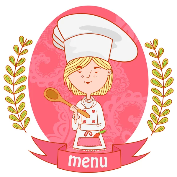Cute girl chef cook with spoon. menu. — Stock Vector
