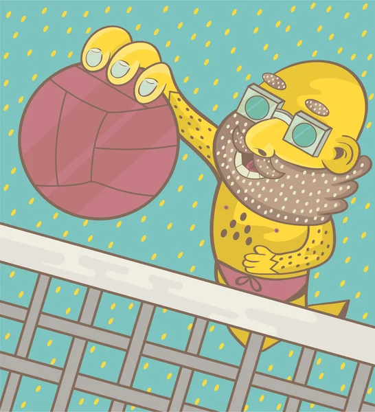 Un homme avec une barbe et des lunettes joue au beach volley — Image vectorielle