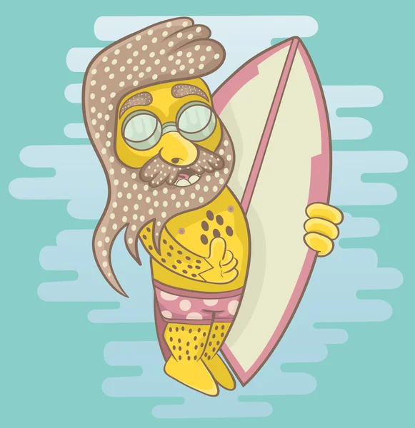 Surfer met een baard dragen van een zonnebril holding een surfplank en s — Stockvector