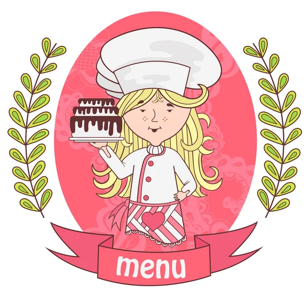 Cute girl chef cook with delicious cake on a tray .menu. — Stock Vector