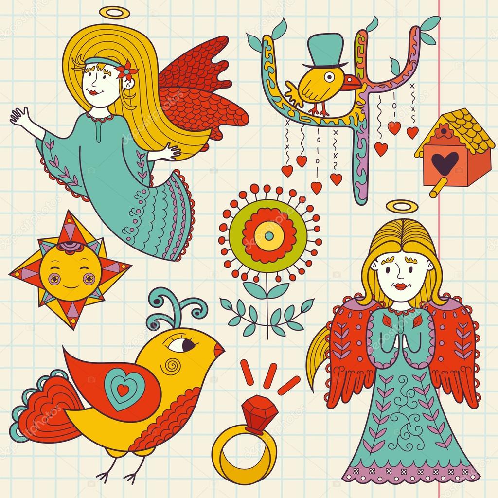 Colorful hand drawn Doodle of cute angels and birds.
