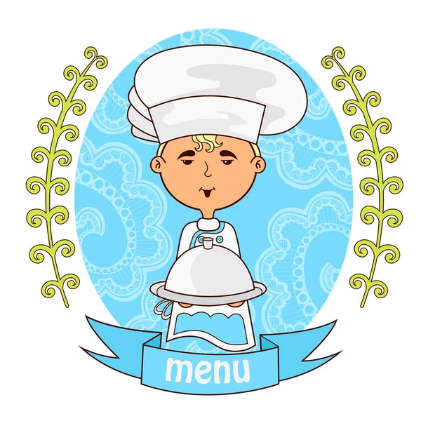 Cocinero chico lindo con plato en el tray.menu . — Vector de stock