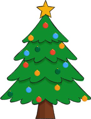 Cartoon style Christmas tree with black pencil outline and baubles and a star, Festive graphic element