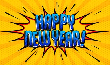 Retro mizah tarzı Mutlu Yıllar Yarım tonlu ve patlama efektli