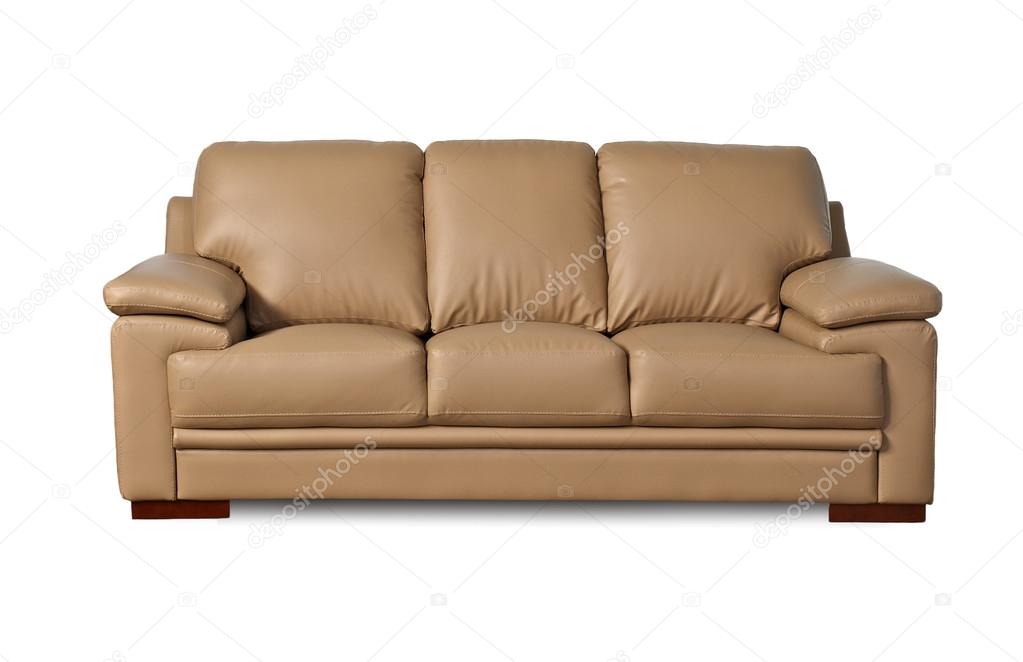 Light brown leather sofa on white background