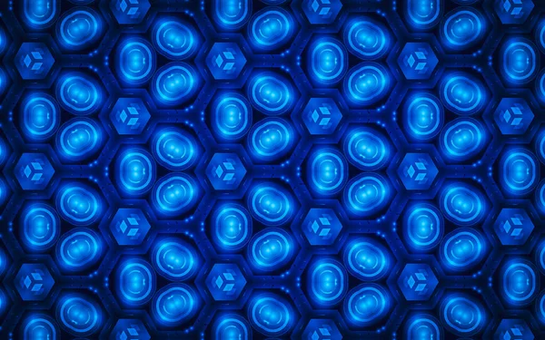 Entegre dijital devre hatları ile parlayan mavi üçgen çiçek şekilli gelecekçi teknoloji arka planı