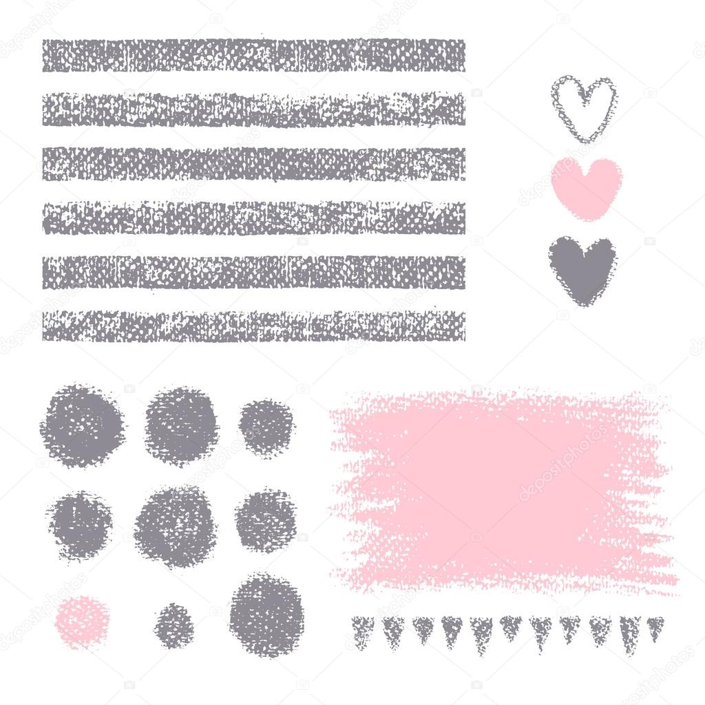 Chalk texture. Seamless stripes, circles, hearts, strokes triangles on white background.