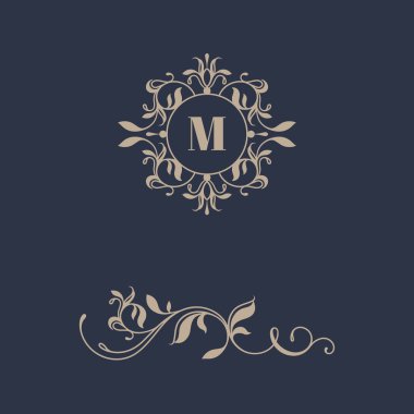 Çiçek monogram ve sınır kartları, Davetiyeler, menüler, etiketleri için. Grafik Tasarım sayfaları.