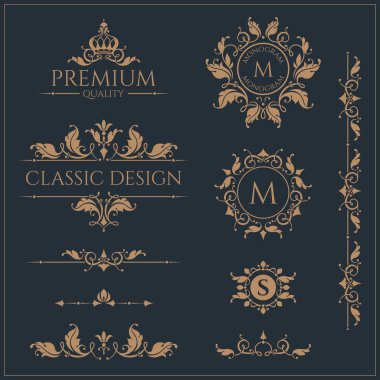 Monogram ve Kenarlıklar kümesi. Grafik Tasarım sayfaları.