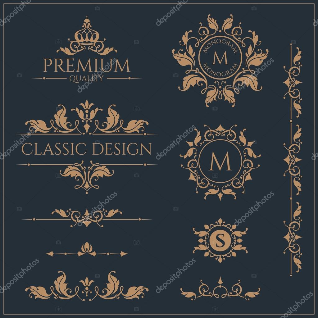 Floral monograms and borders, frames for cards, invitations, menus, labels. Graphic design pages, business sign, boutiques, cafes, hotels. Classic design elements for wedding invitations.