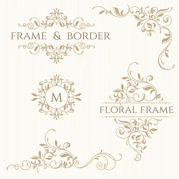 Conjunto de bordes decorativos y monogramas. Patrón floral . — Vector de stock