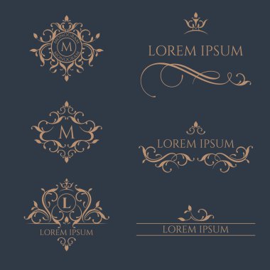 Monogram ve Kenarlıklar kümesi. Grafik Tasarım sayfaları, iş işareti,