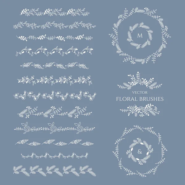 Ensemble de pinceaux floraux, cadres de couronnes et monogrammes . — Image vectorielle