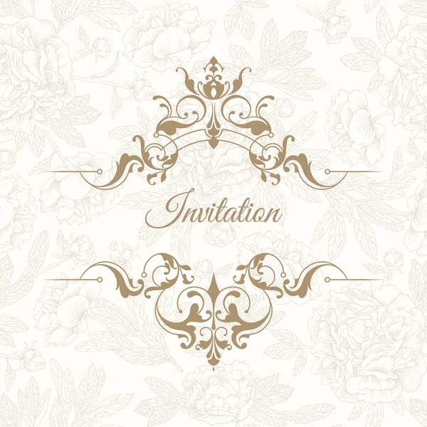 Invitation with classic borders. Seamless pattern of peonies. — Stock Vector