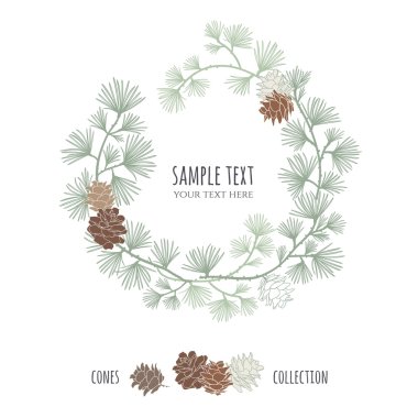 Cones set. Frame wreath. Larch branches with cones. Invitation card. Wedding invitation. greeting card. Pine decorative elements for your design. Vector illustration. stock vector