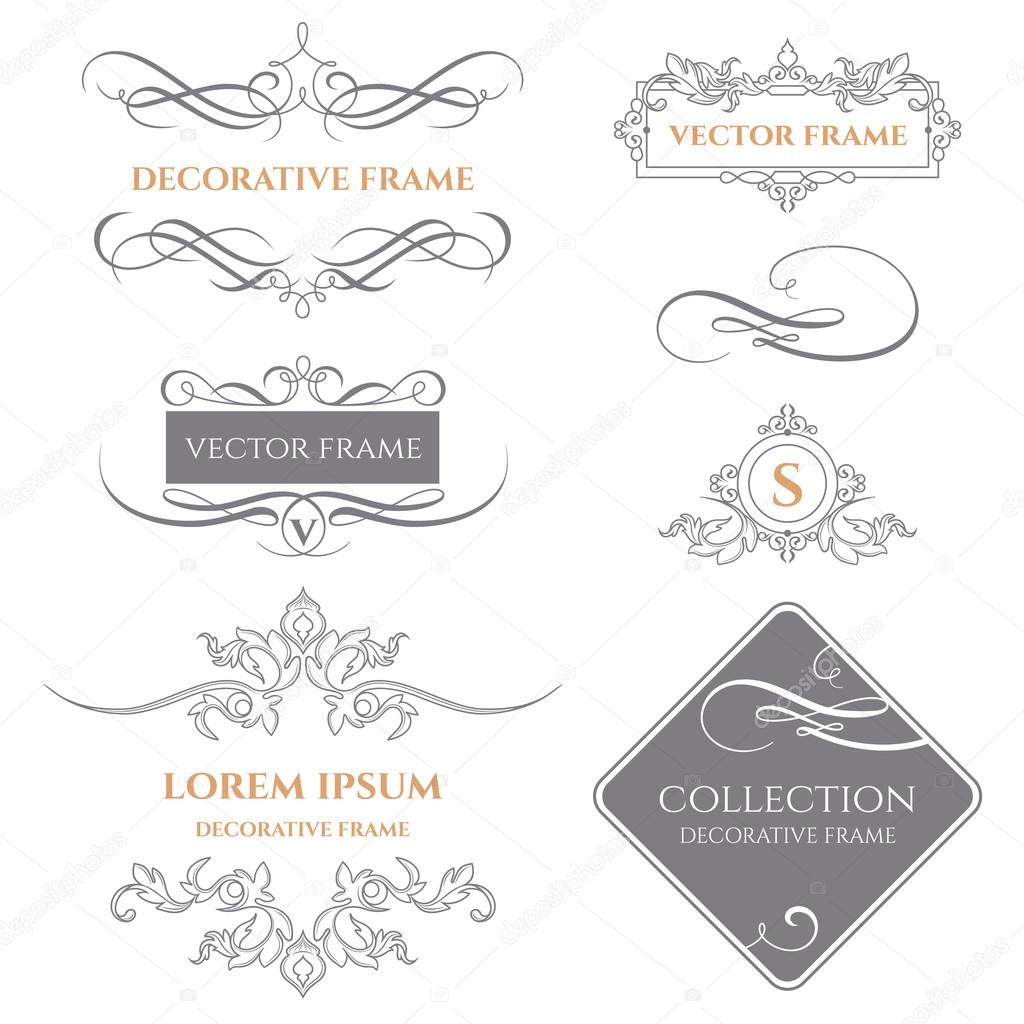 Collection of decorative frames and borders.Vector frame. Calligraphic elements. Template signage, logos, labels, stickers, cards. Graphic design page.