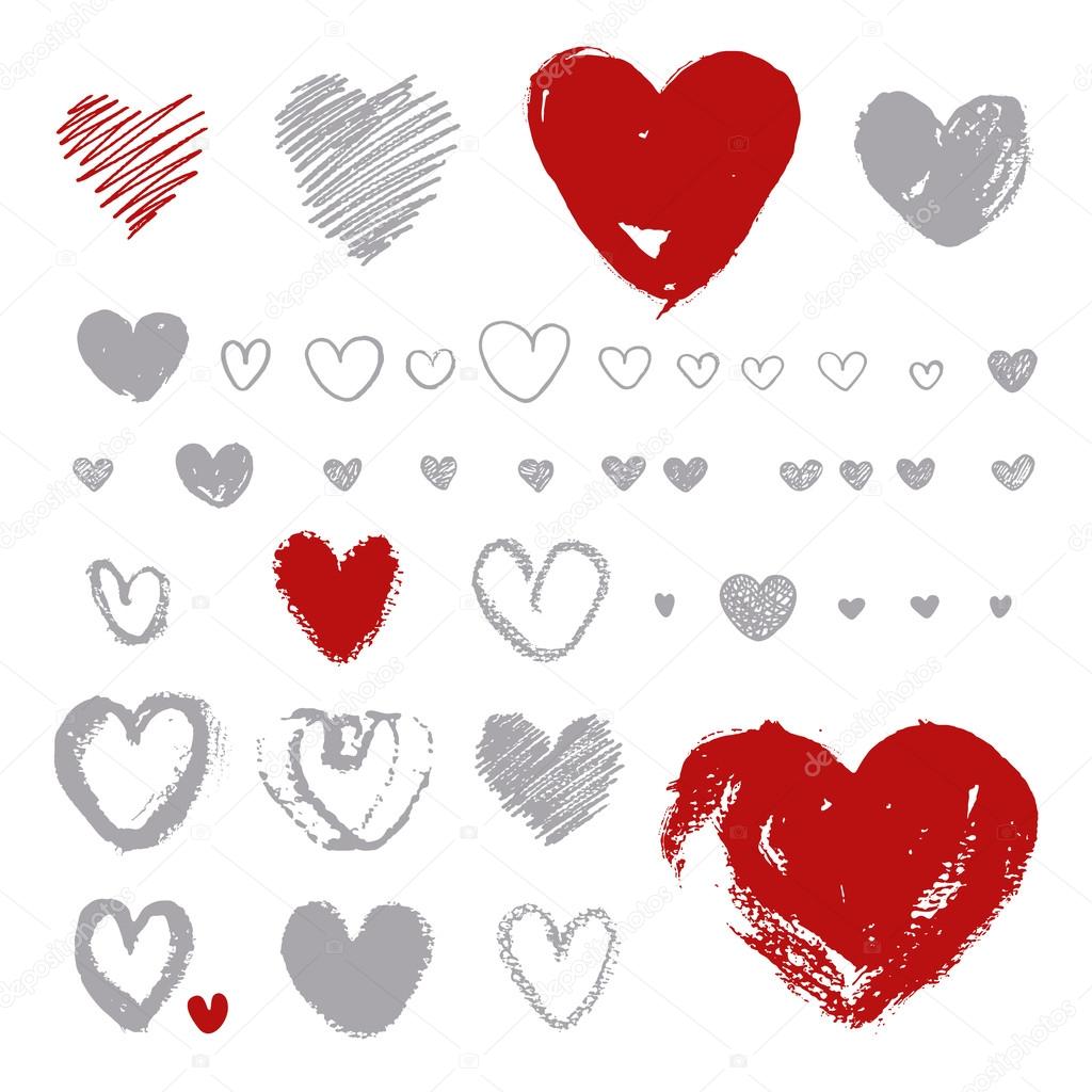 Hand- drawn hearts on white background.