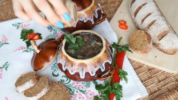 Ajouter du poivre à la soupe dans une casserole sur une table de vacances russe . — Video