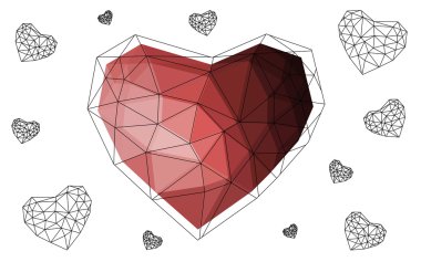 Beyaz arka plan üzerinde üçgen oluşan desen ile izole koyu pembe, kırmızı kalp.