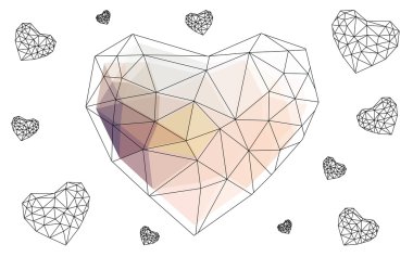 Beyaz arka plan üzerinde üçgen oluşan desen ile izole mavi, sarı kalp.