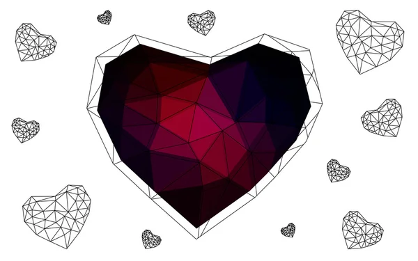 Mroczne Serce różowy, czerwony na białym tle na białym tle z wzór, składający się z trójkątów. — Wektor stockowy