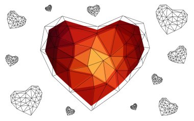 Beyaz arka plan üzerinde üçgen oluşan desen ile izole koyu kırmızı kalp.